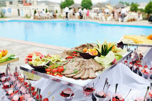 catering buffet food outdoor in luxury restaurant with meat and colorful fruits