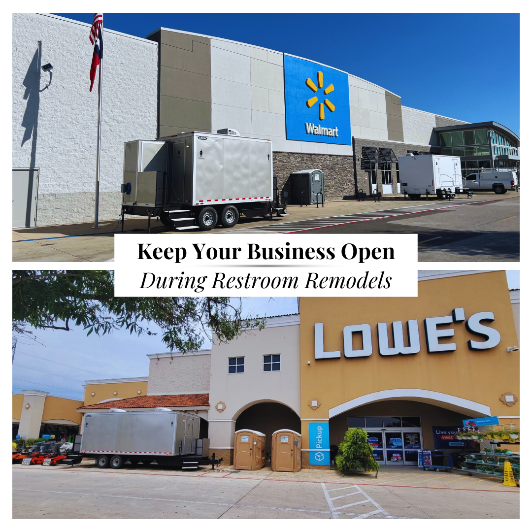 Photo collage of The Texas Loo mobile restroom trailers e outside of Lowes and Walmart